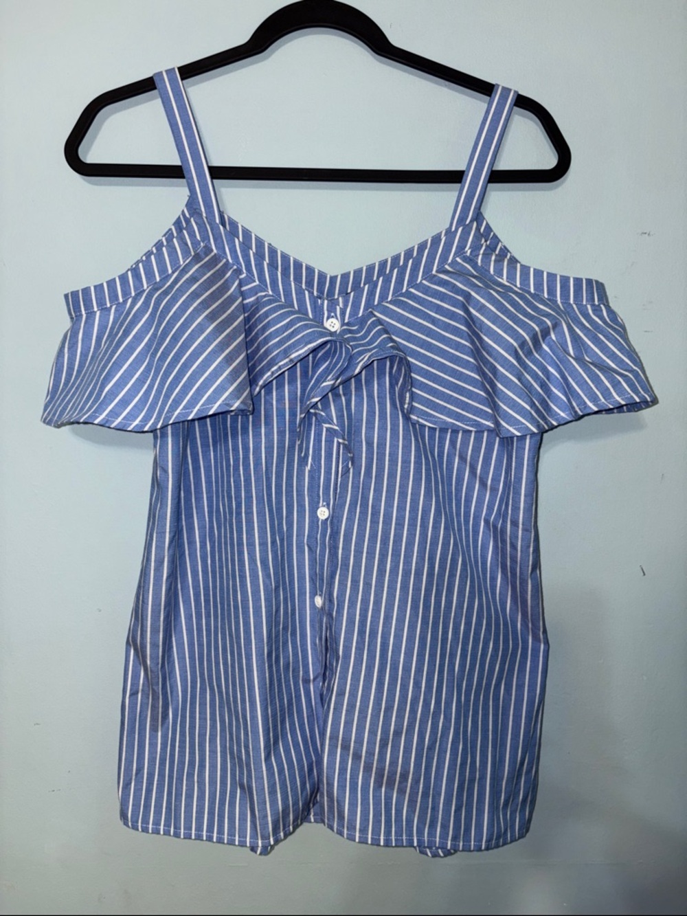 Blue Stripe Cold-Shoulder Button-Front Women's Top